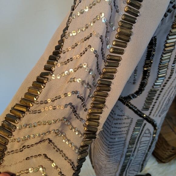 Spotlight by Warehouse Geometric Sequin Beaded 3/4 Sleeve Midi Dress Tan - Picture 4 of 7